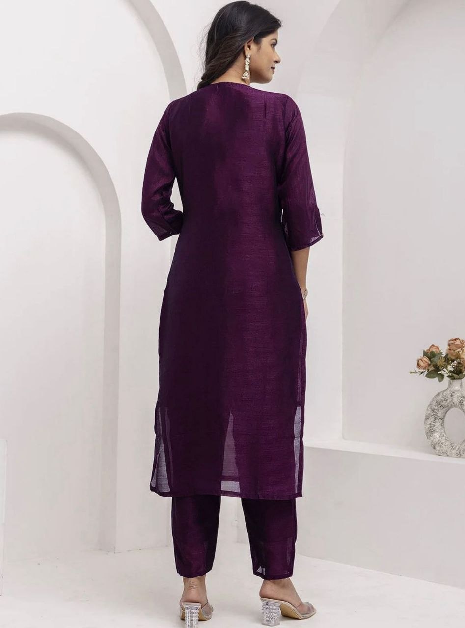Women's Deep Purple Embroidered Straight Kurta Set with Dupatta