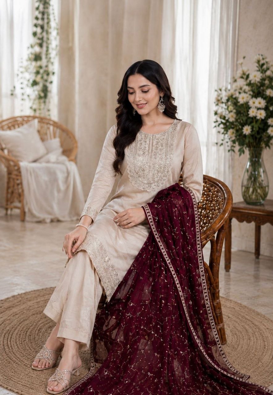 Women's Ivory Embroidered Straight Kurta Set with Wine Embellished Net Dupatta