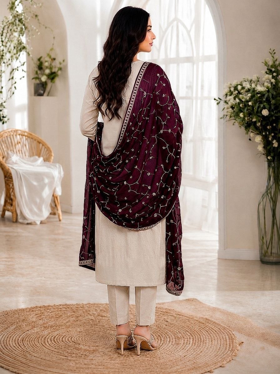 Women's Ivory Embroidered Straight Kurta Set with Wine Embellished Net Dupatta