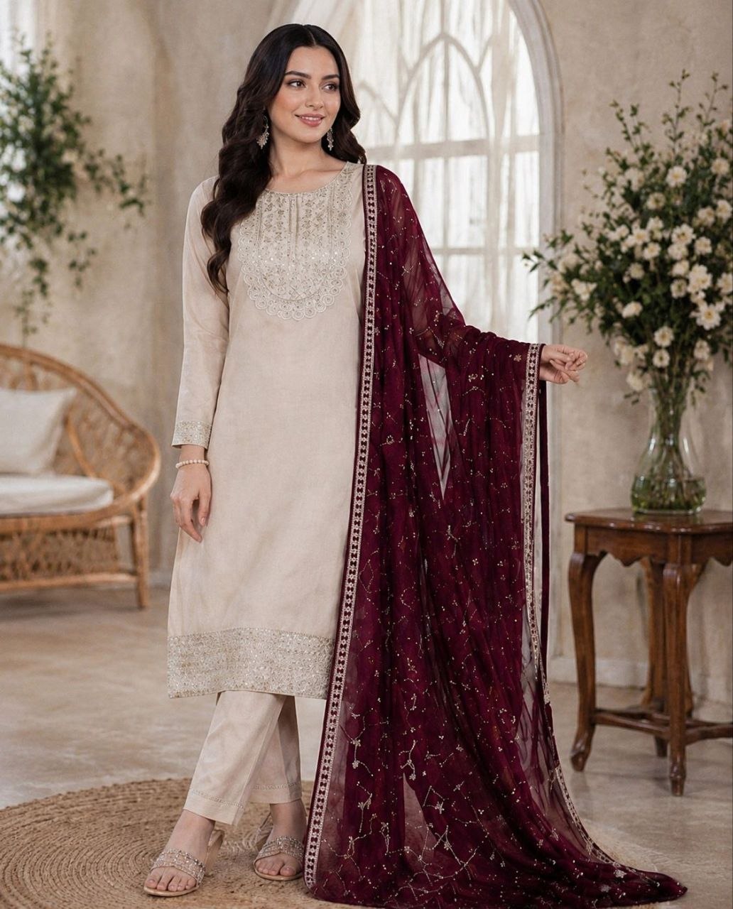 Women's Ivory Embroidered Straight Kurta Set with Wine Embellished Net Dupatta