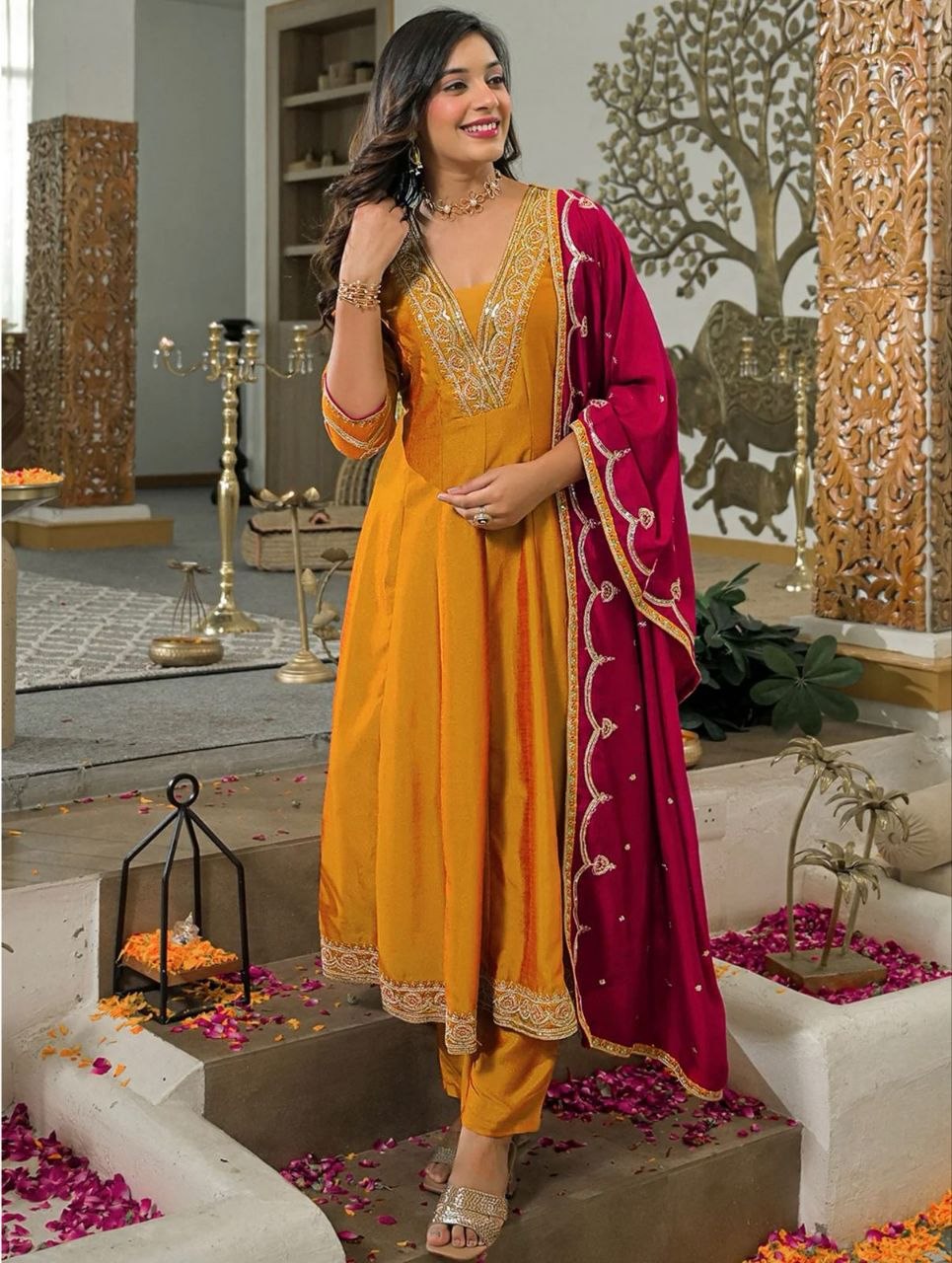 Women's Mustard Yellow Embroidered Anarkali Kurta Set with Magenta Dupatta