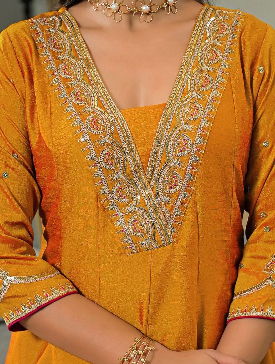 Women's Mustard Yellow Embroidered Anarkali Kurta Set with Magenta Dupatta