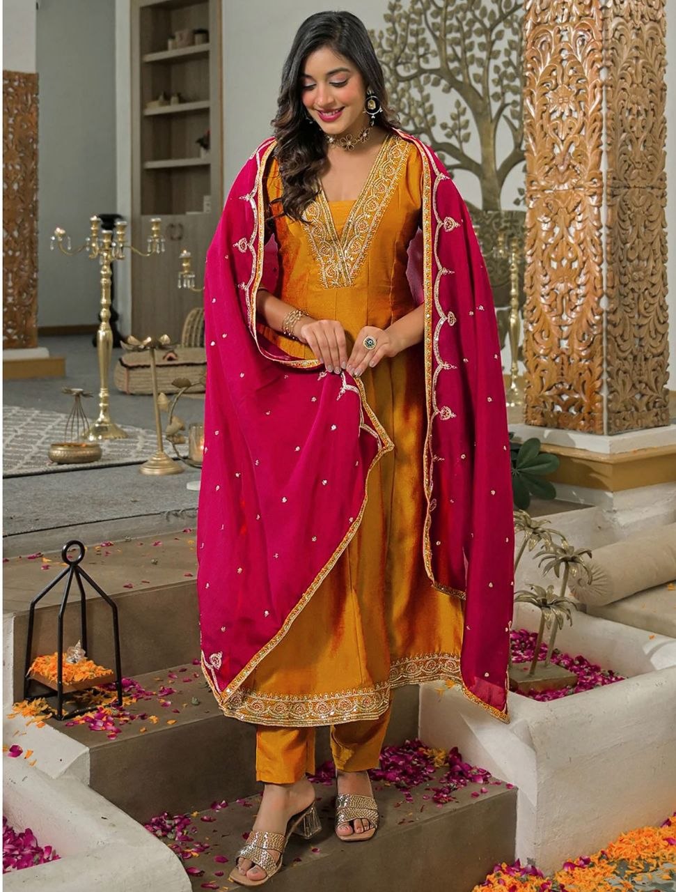 Women's Mustard Yellow Embroidered Anarkali Kurta Set with Magenta Dupatta