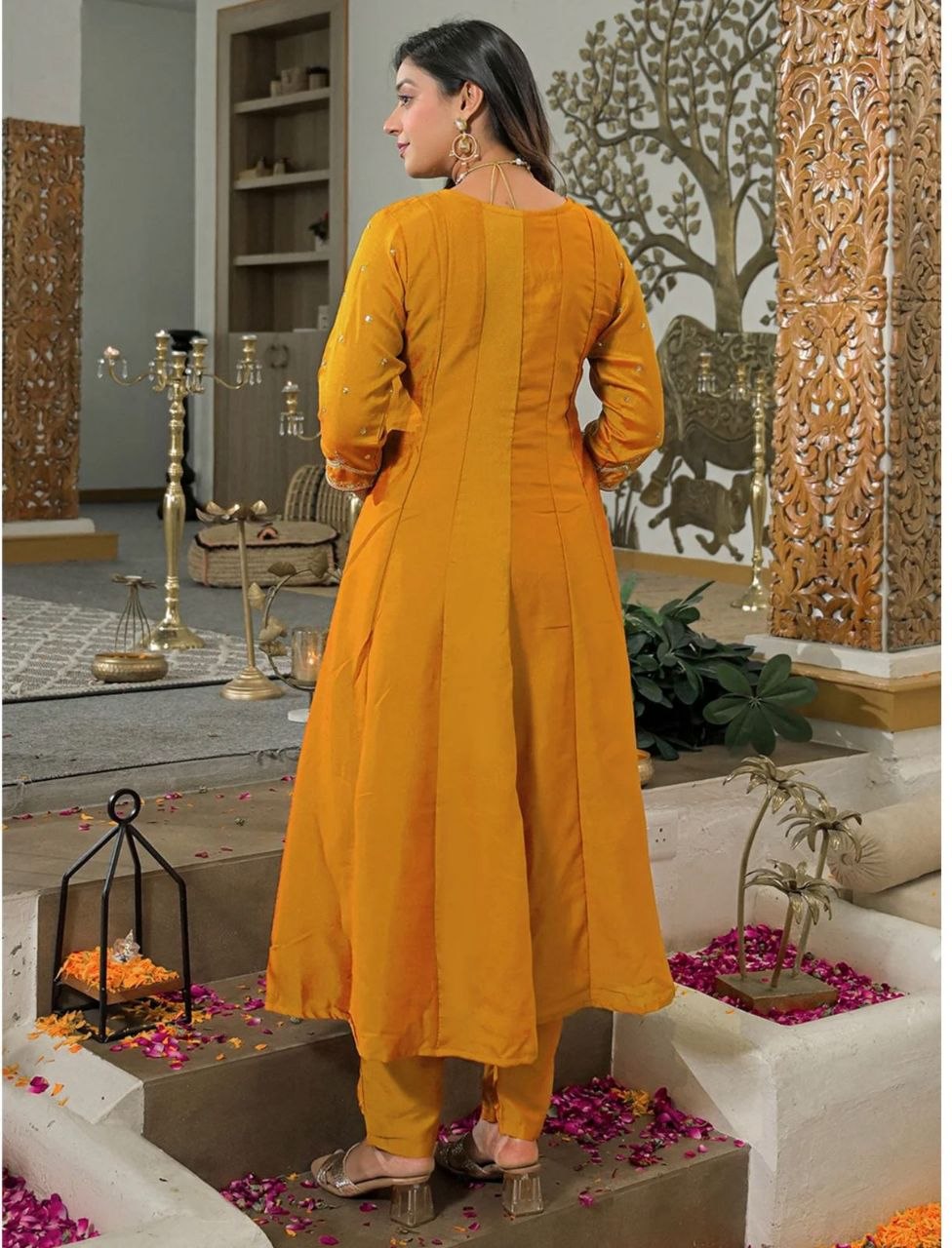 Women's Mustard Yellow Embroidered Anarkali Kurta Set with Magenta Dupatta
