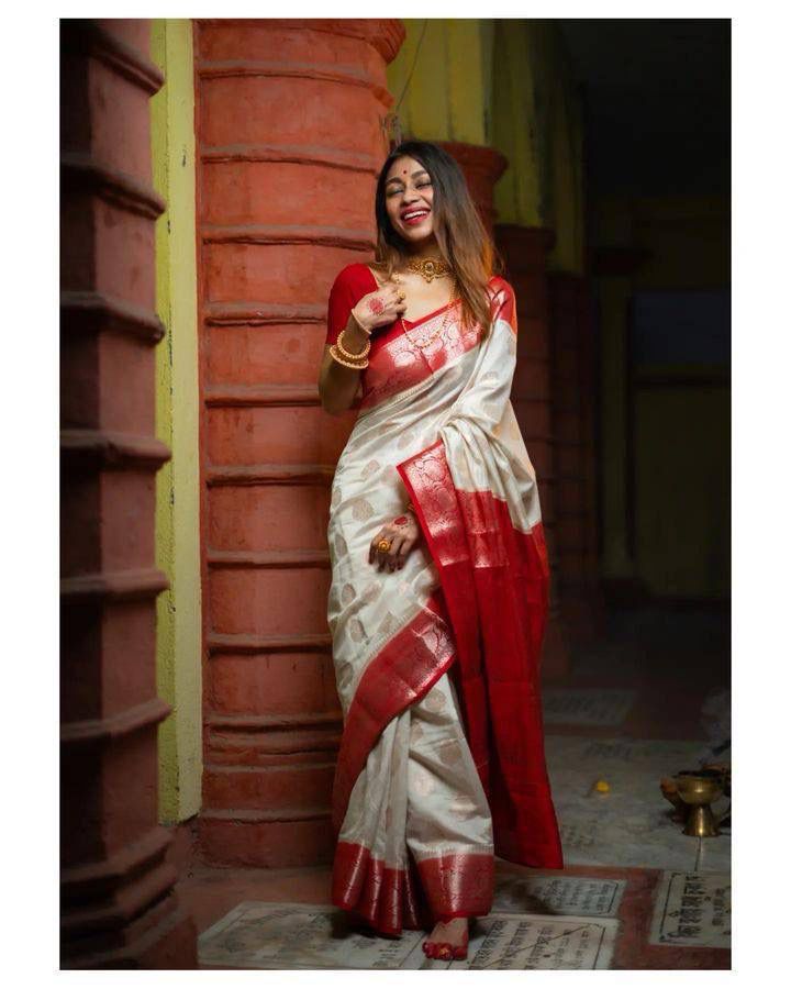 Self Design Banarasi Art Silk Saree  (White)