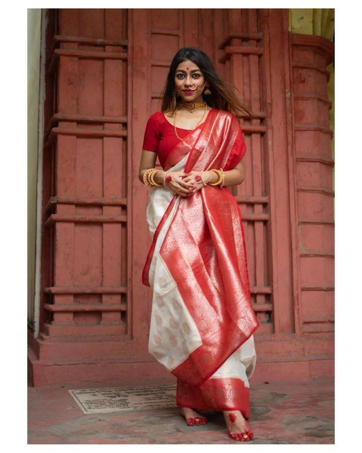 Self Design Banarasi Art Silk Saree  (White)