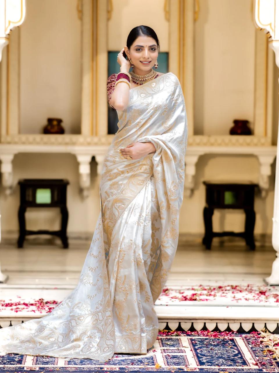 Pearl White Banarasi Uppada Silk Saree