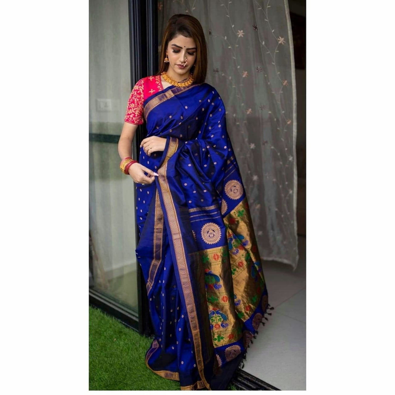 Designer Royal Blue Paithani Silk Saree With Flameboyant Blouse Piece