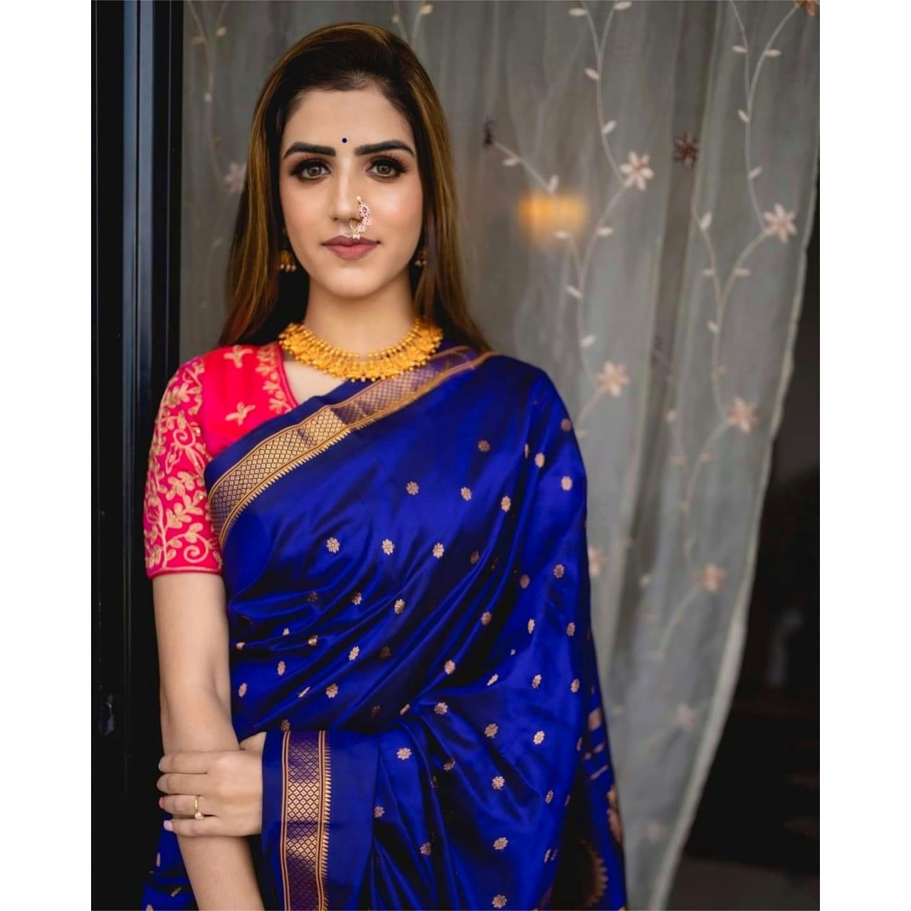 Designer Royal Blue Paithani Silk Saree With Flameboyant Blouse Piece