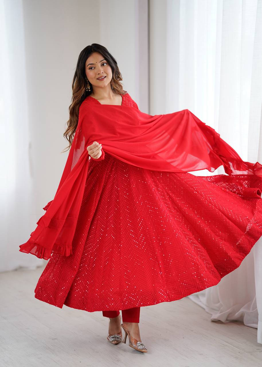 Ruby Red Chevron Sequin Anarkali with Ruffled Dupatta