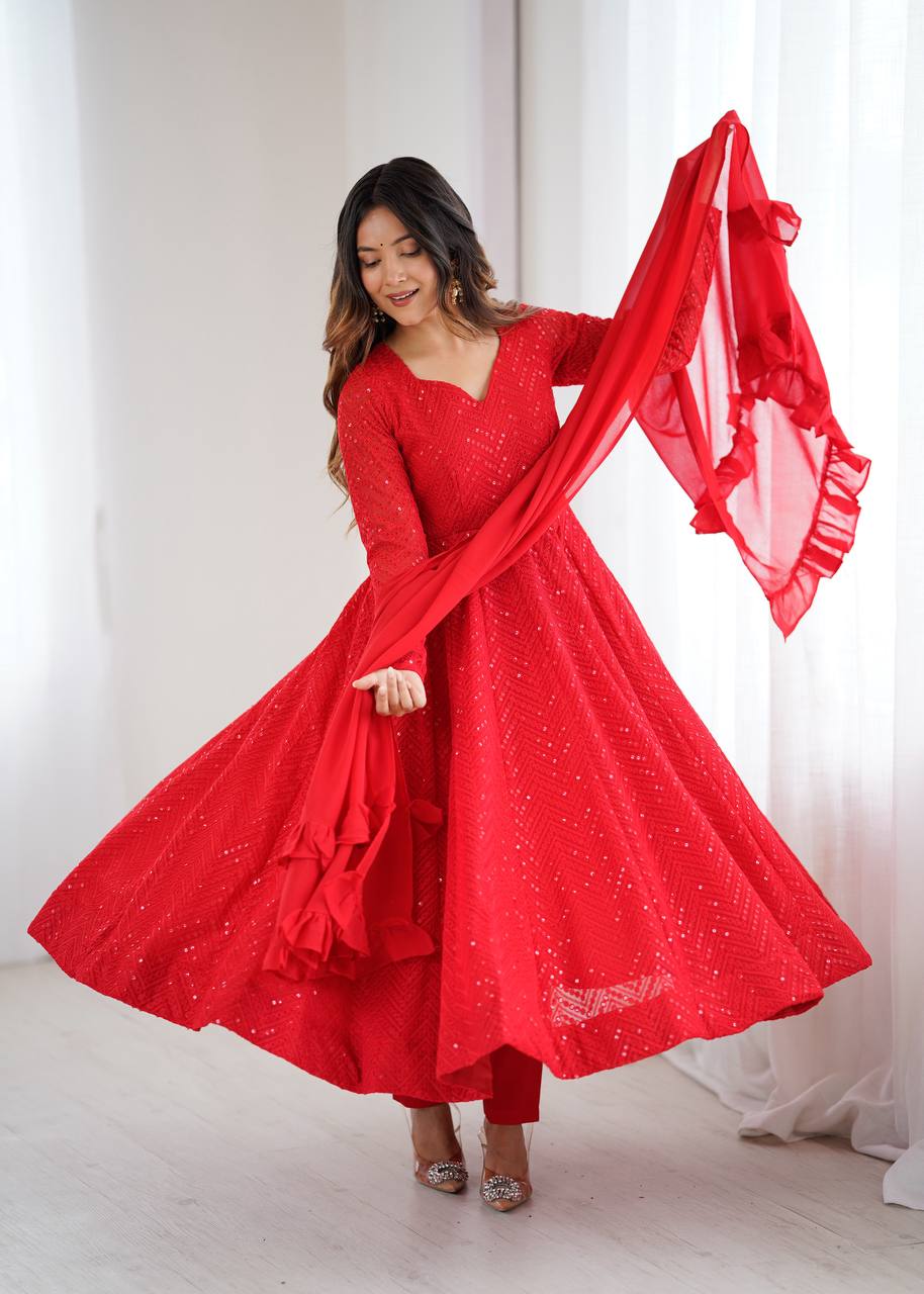 Ruby Red Chevron Sequin Anarkali with Ruffled Dupatta
