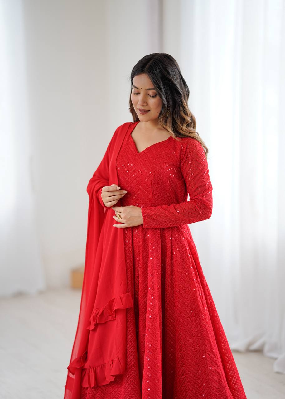 Ruby Red Chevron Sequin Anarkali with Ruffled Dupatta