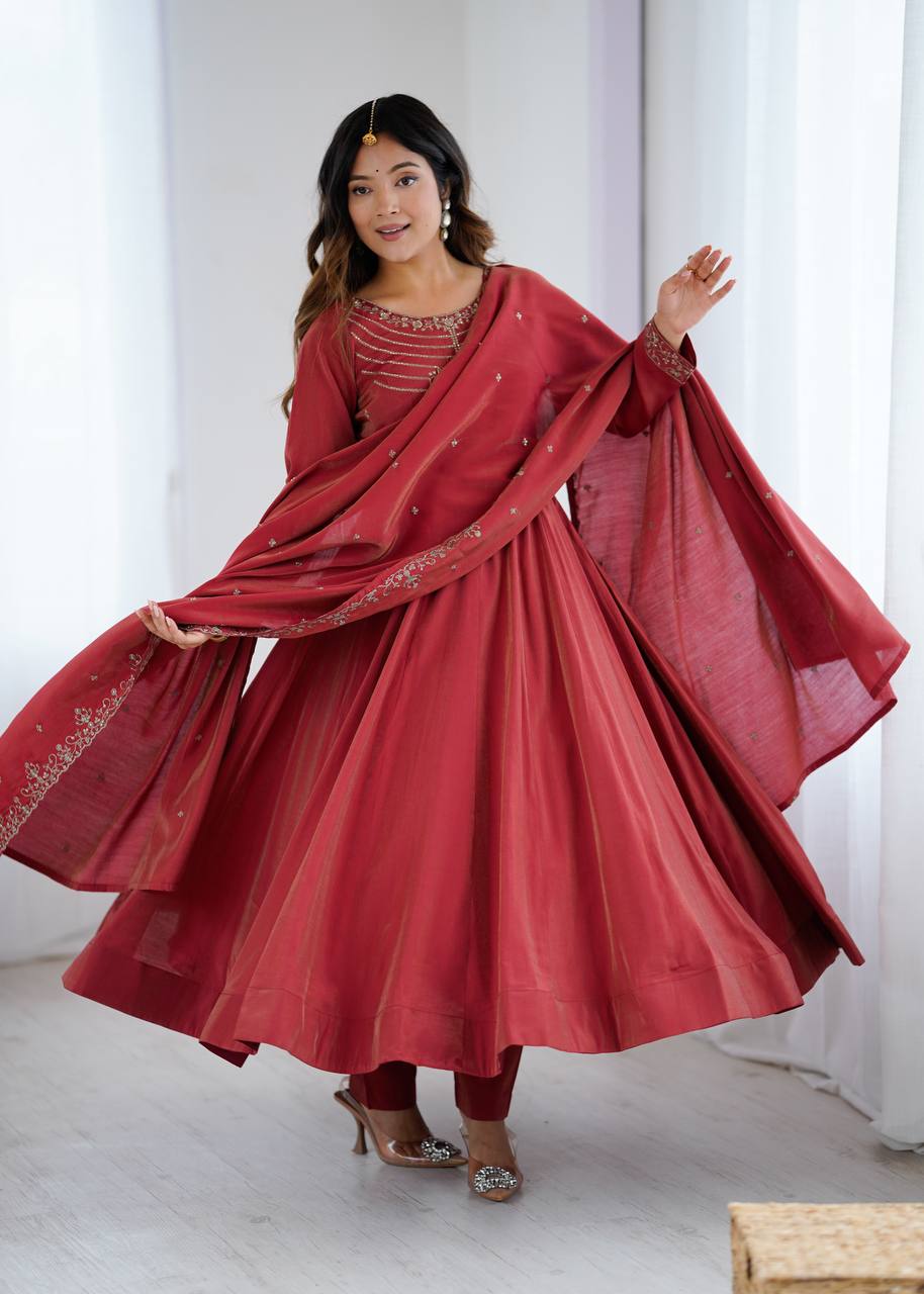 Rust Red Silk Blend Embroidered Anarkali Suit Set with Dupatta