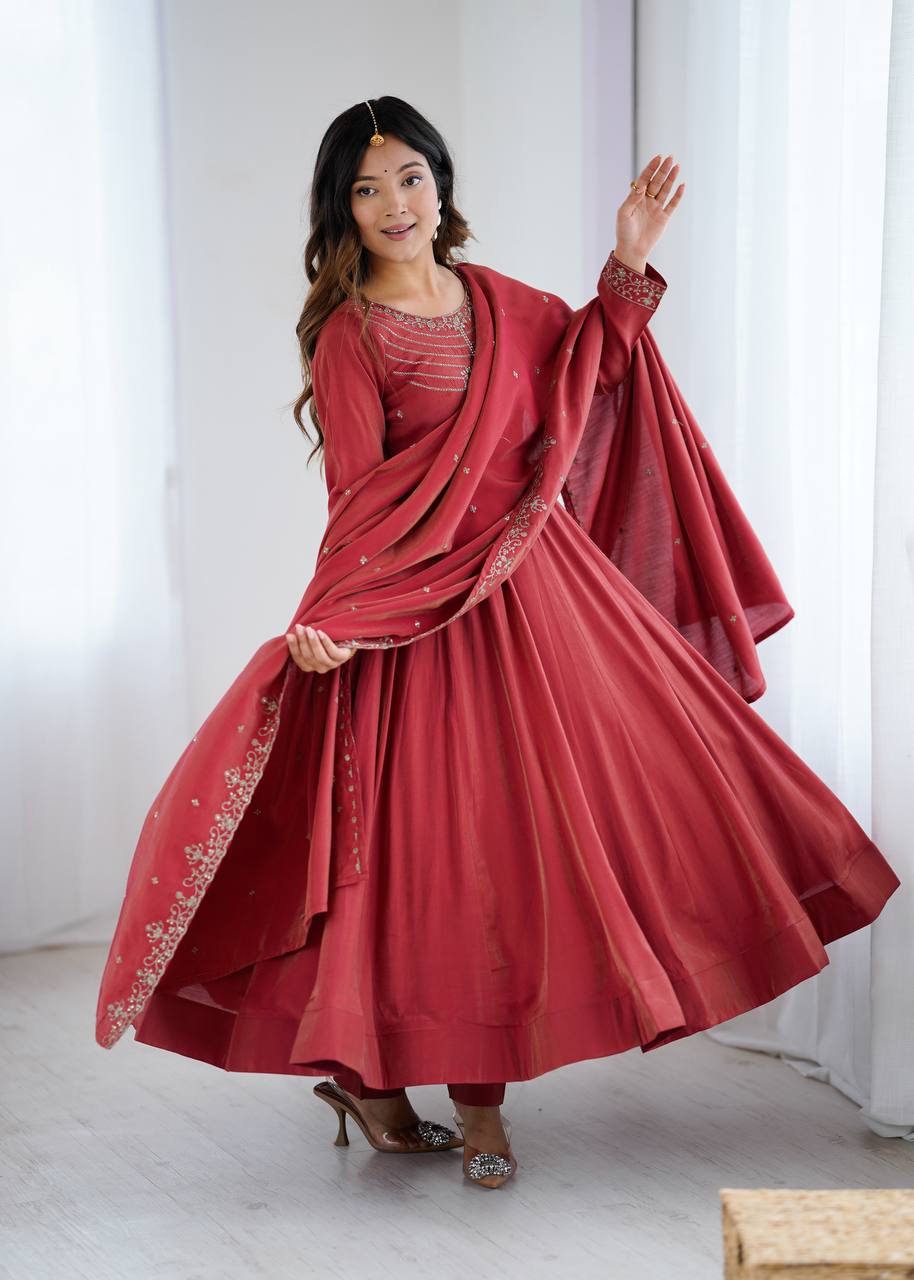 Rust Red Silk Blend Embroidered Anarkali Suit Set with Dupatta