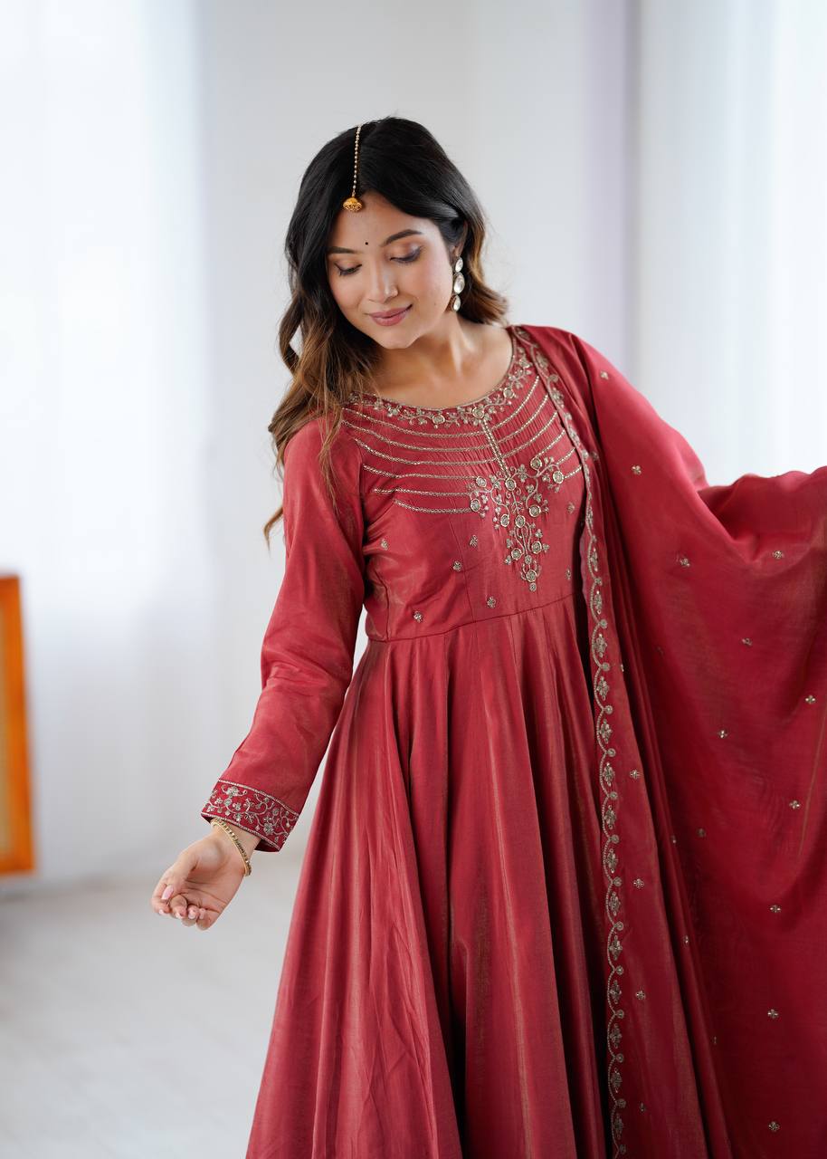 Rust Red Silk Blend Embroidered Anarkali Suit Set with Dupatta