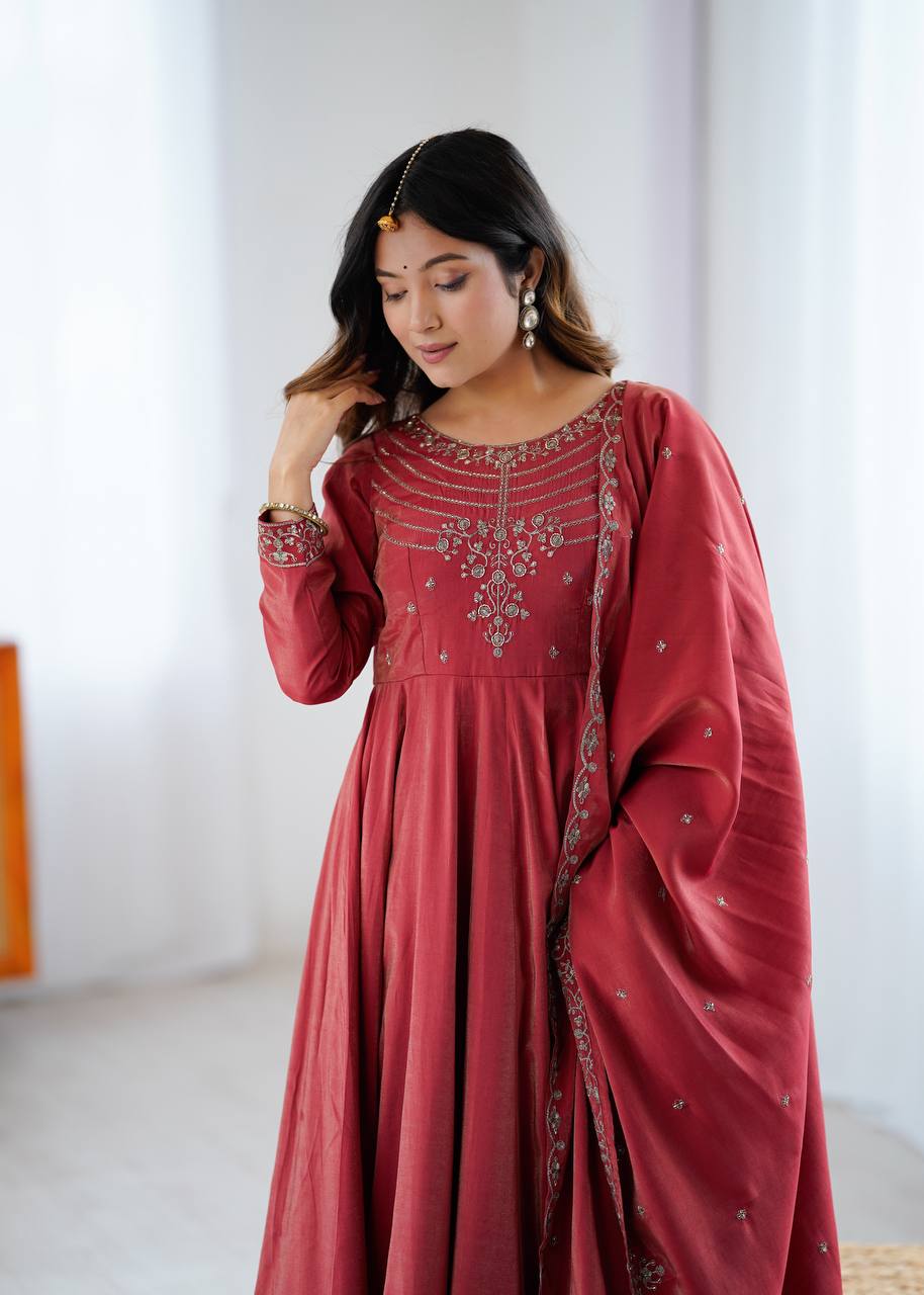 Rust Red Silk Blend Embroidered Anarkali Suit Set with Dupatta