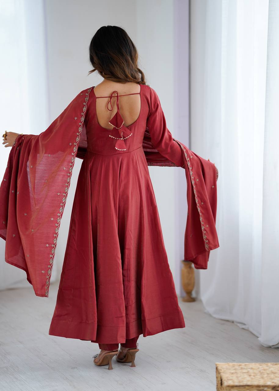 Rust Red Silk Blend Embroidered Anarkali Suit Set with Dupatta