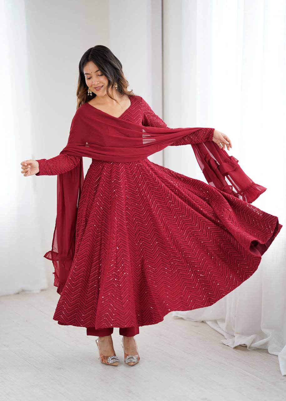 Crimson Chevron Sequin-Embroidered Georgette Anarkali Suit Set
