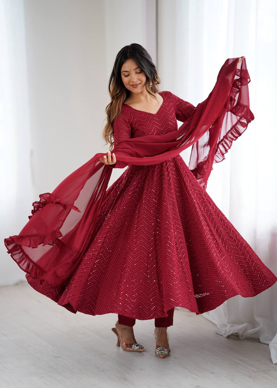 Crimson Chevron Sequin-Embroidered Georgette Anarkali Suit Set