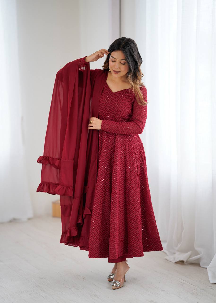 Crimson Chevron Sequin-Embroidered Georgette Anarkali Suit Set