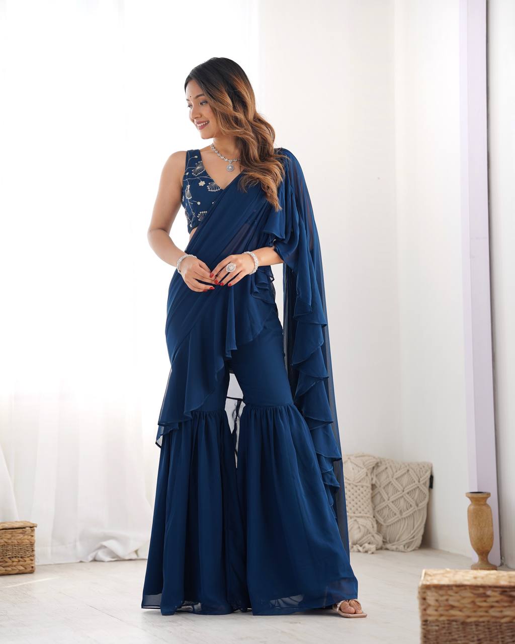 Glamorous Teal Blue Sequins Ready To Wear Georgette Sharara Saree
