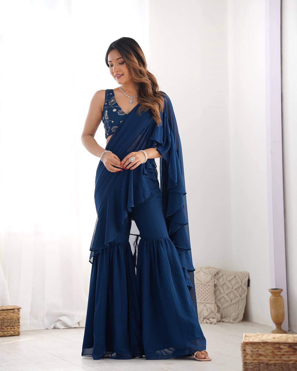 Glamorous Teal Blue Sequins Ready To Wear Georgette Sharara Saree
