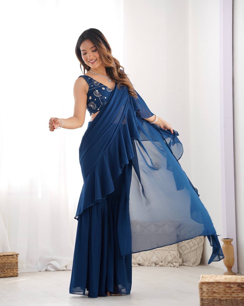 Glamorous Teal Blue Sequins Ready To Wear Georgette Sharara Saree