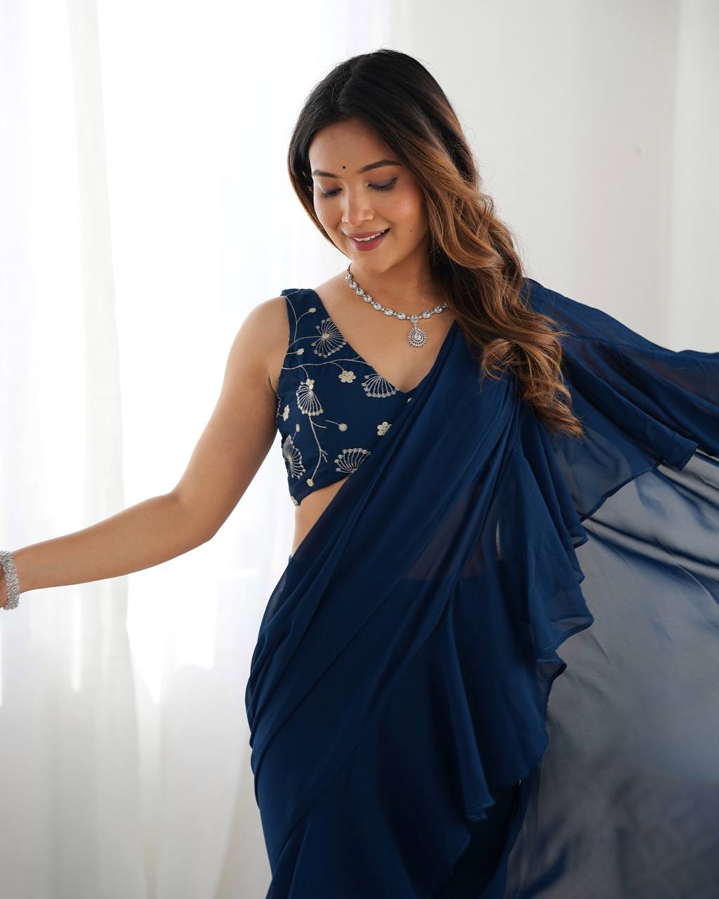 Glamorous Teal Blue Sequins Ready To Wear Georgette Sharara Saree