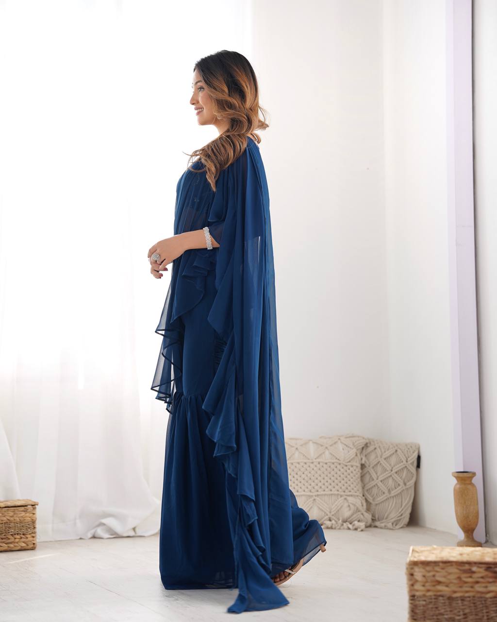 Glamorous Teal Blue Sequins Ready To Wear Georgette Sharara Saree