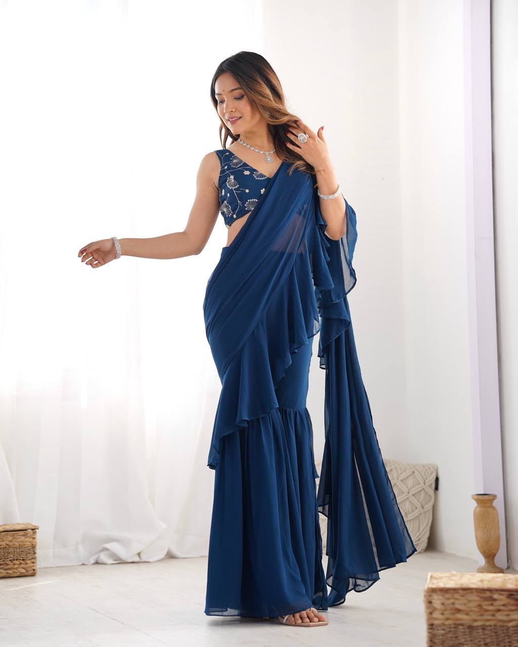 Glamorous Teal Blue Sequins Ready To Wear Georgette Sharara Saree