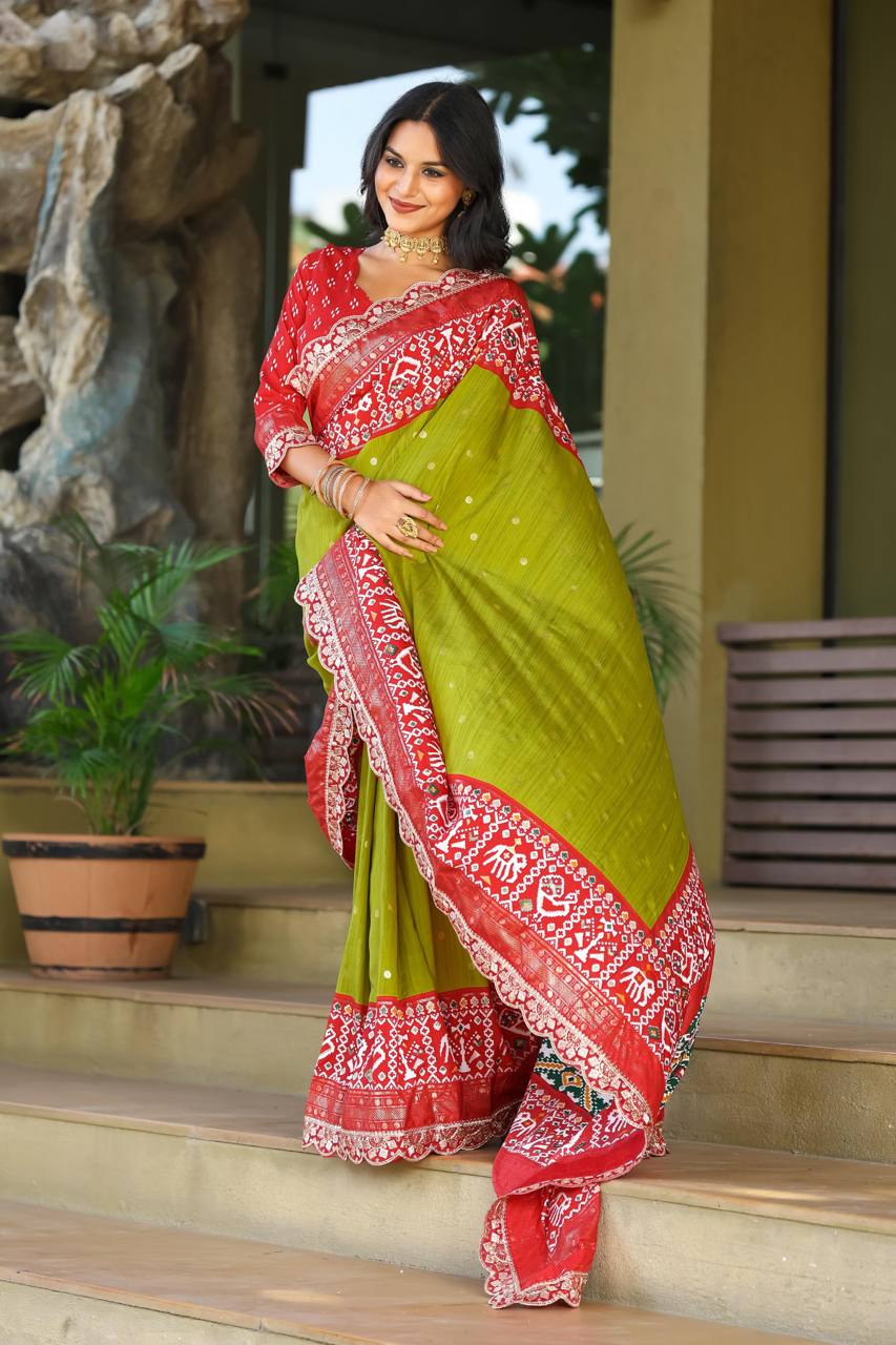 fancy yellow saree with rich ikkat pallu and sequin lace border Elegant dola silk saree for women wedding and festival Silk Saree