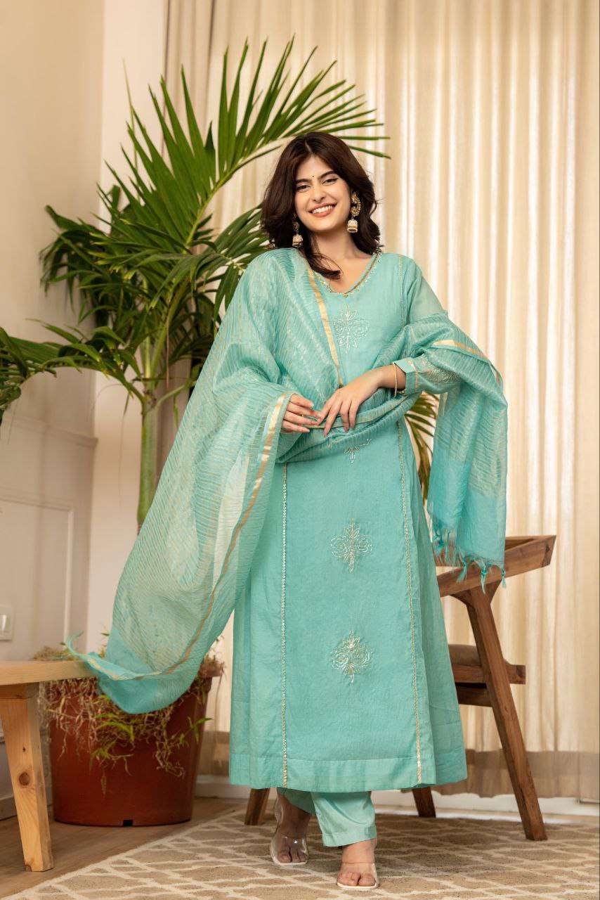 Elegant Aqua Blue Embroidered Cotton Silk Kurta Set with Dupatta