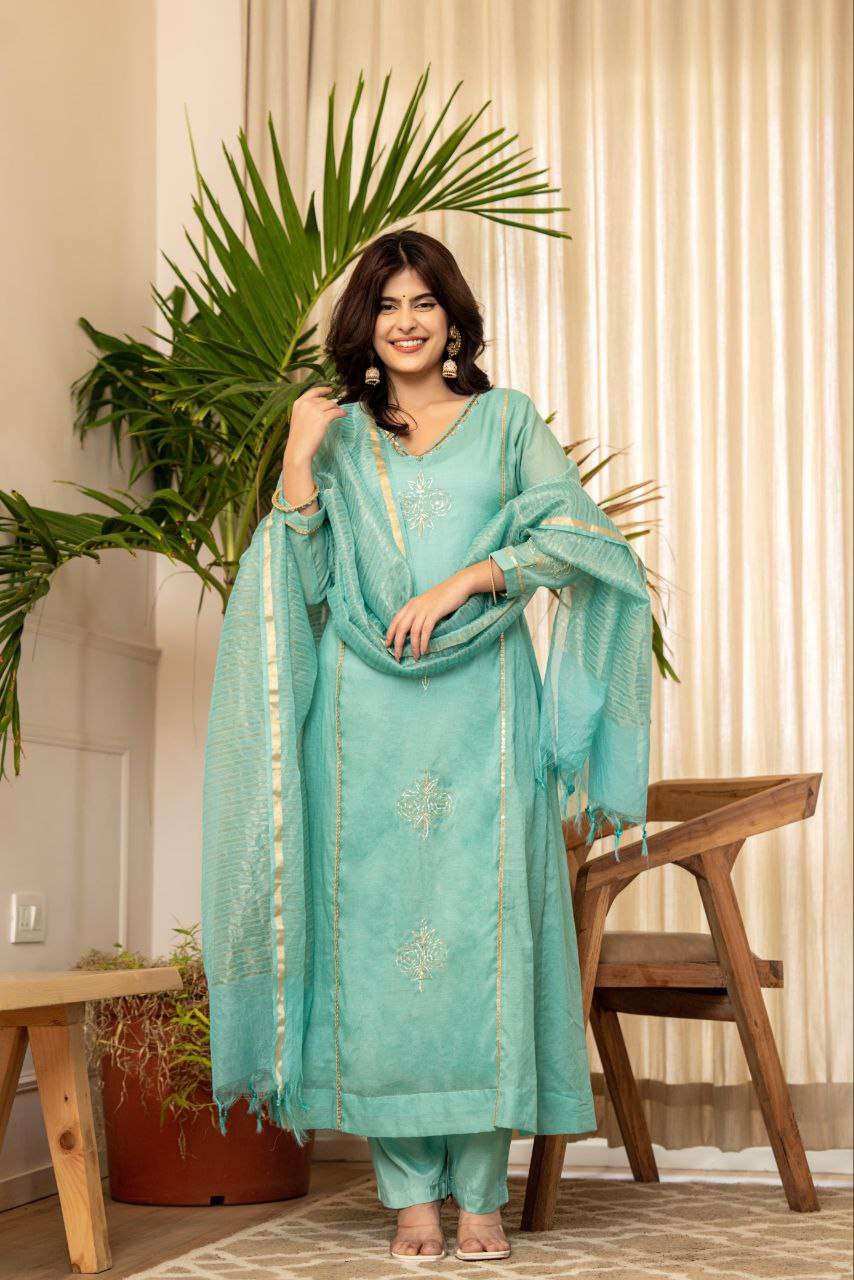 Elegant Aqua Blue Embroidered Cotton Silk Kurta Set with Dupatta