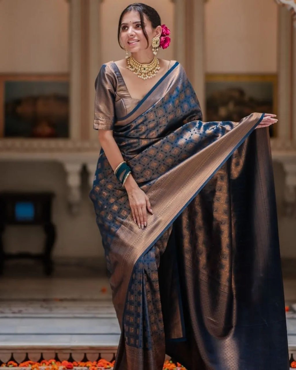 Women's Latest New Color Blue Kanjivaram Pure Zari Woven Soft Silk Saree With Blouse