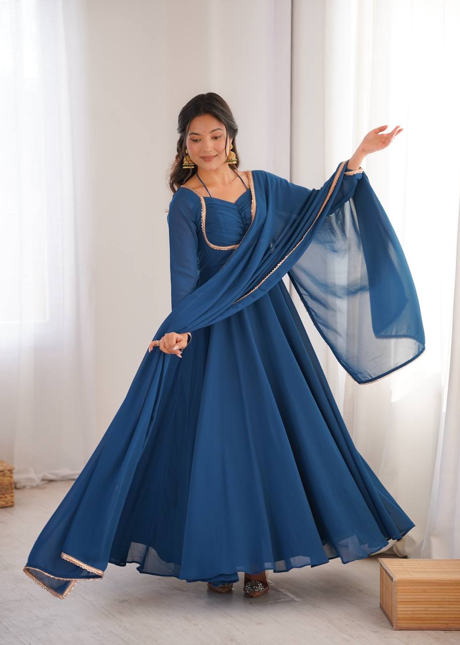 Elegant Teal Blue Anarkali Suit Set with Dupatta – Festive & Party Wear