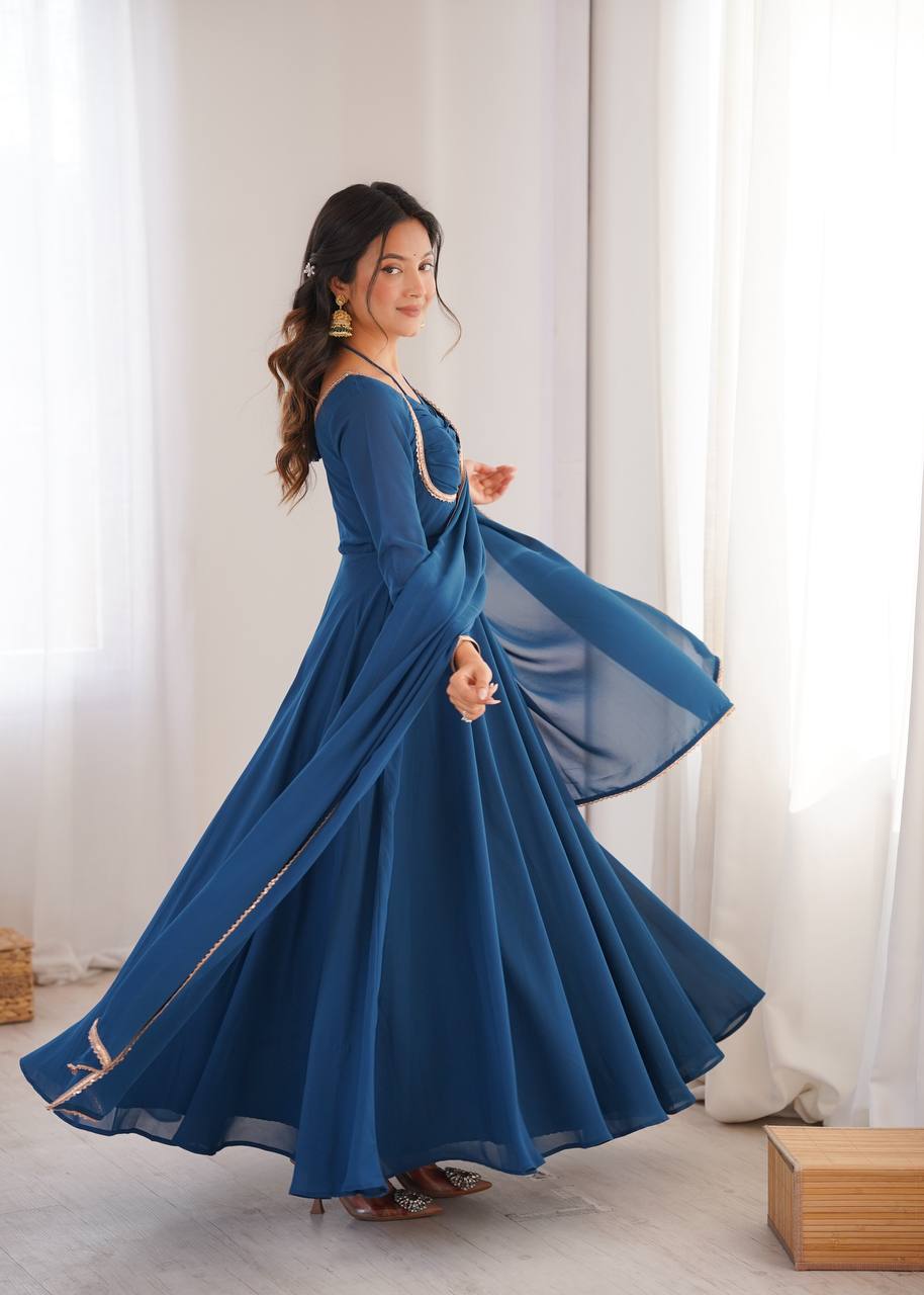 Elegant Teal Blue Anarkali Suit Set with Dupatta – Festive & Party Wear
