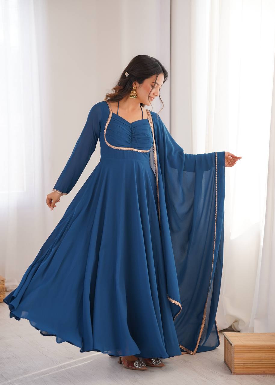 Elegant Teal Blue Anarkali Suit Set with Dupatta – Festive & Party Wear
