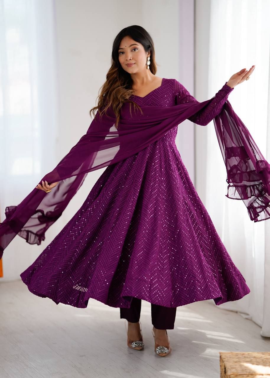 Plum Purple Sequined Georgette Anarkali Suit Set with Dupatta