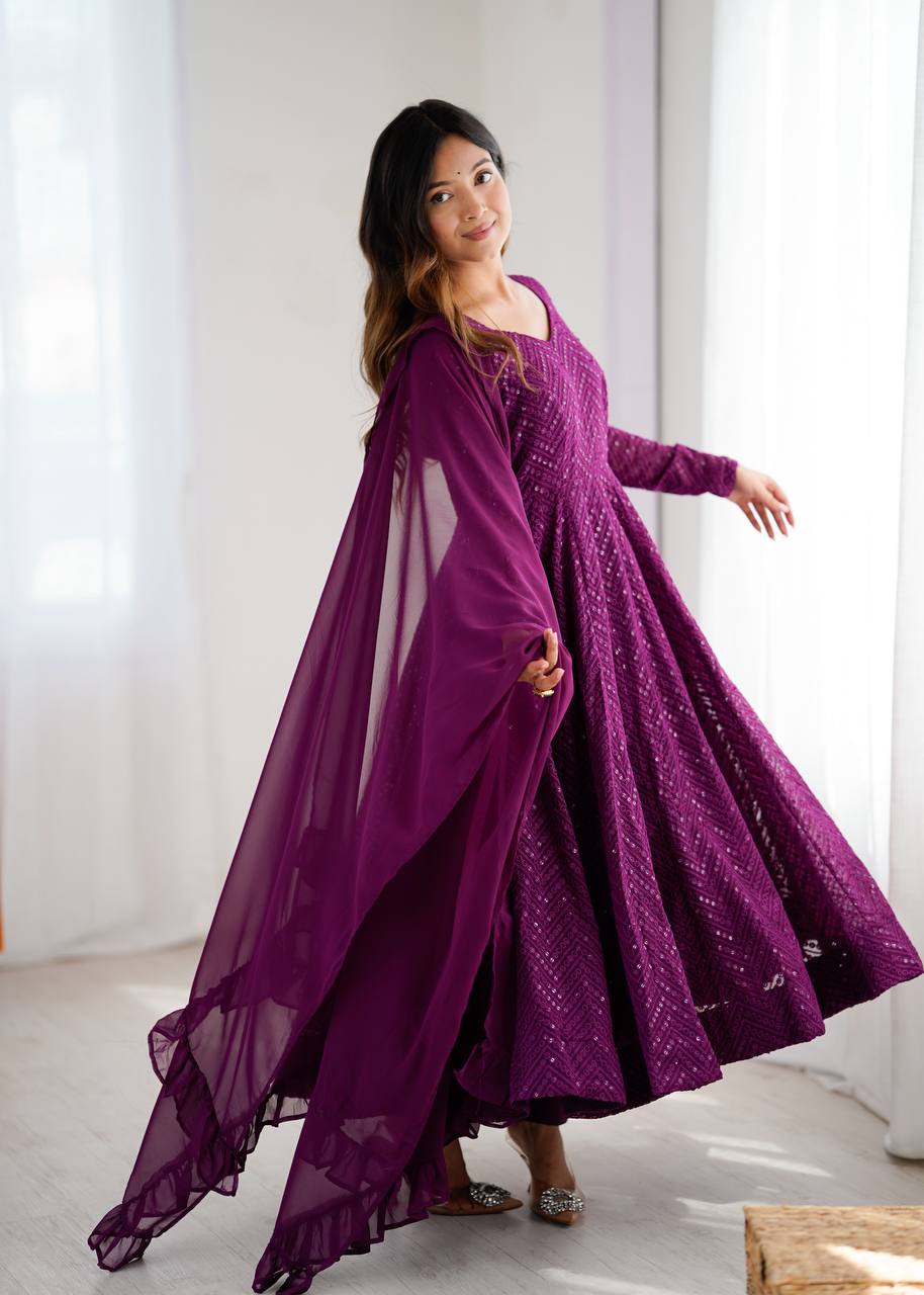 Plum Purple Sequined Georgette Anarkali Suit Set with Dupatta