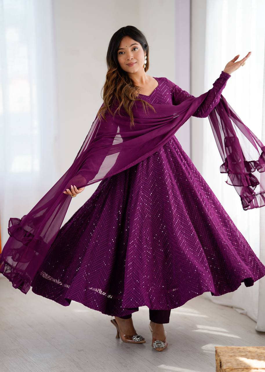 Plum Purple Sequined Georgette Anarkali Suit Set with Dupatta