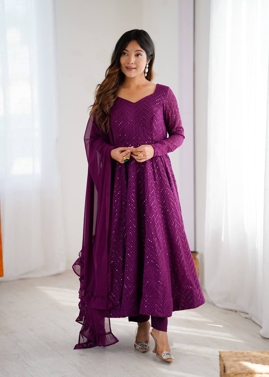 Plum Purple Sequined Georgette Anarkali Suit Set with Dupatta