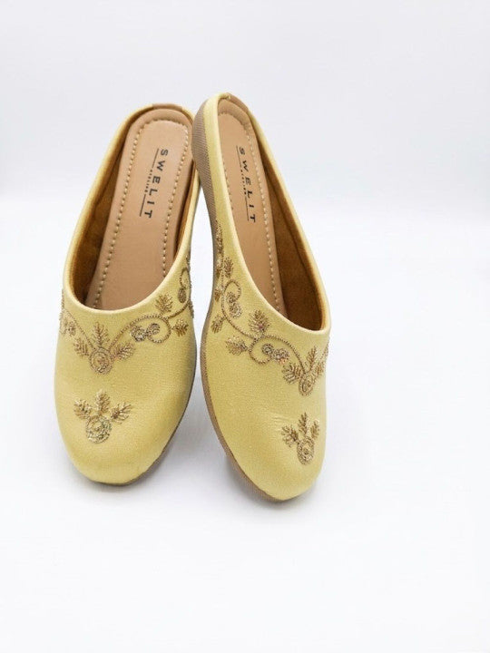 Traditional Yellow Embroidered Flat Mules for Women