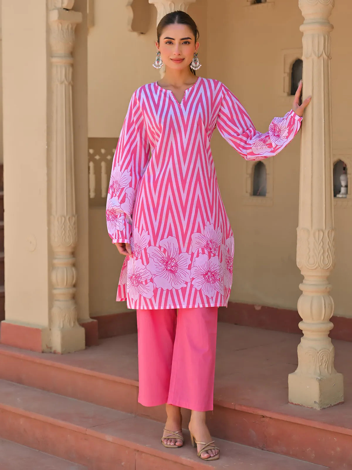 Abstract Floral Stripes Printed & Embroidered Straight Fit Kurta with Pant
