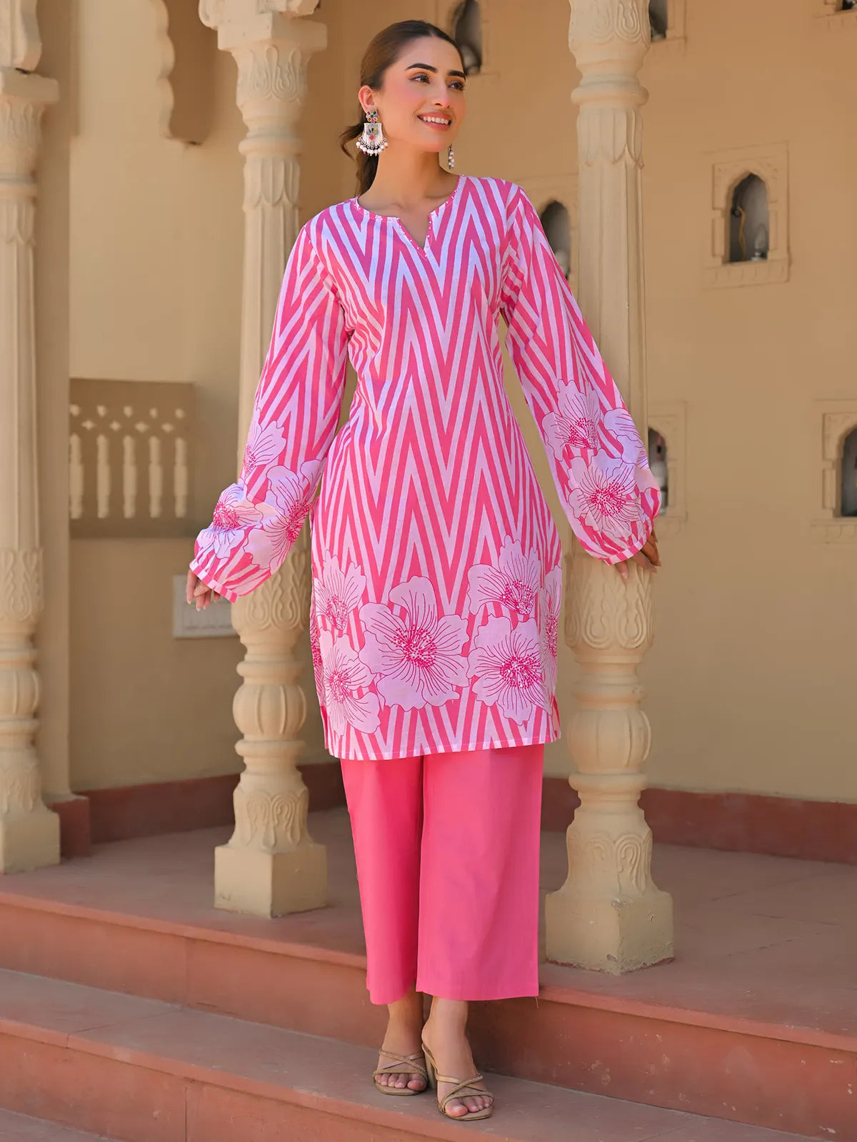 Abstract Floral Stripes Printed & Embroidered Straight Fit Kurta with Pant