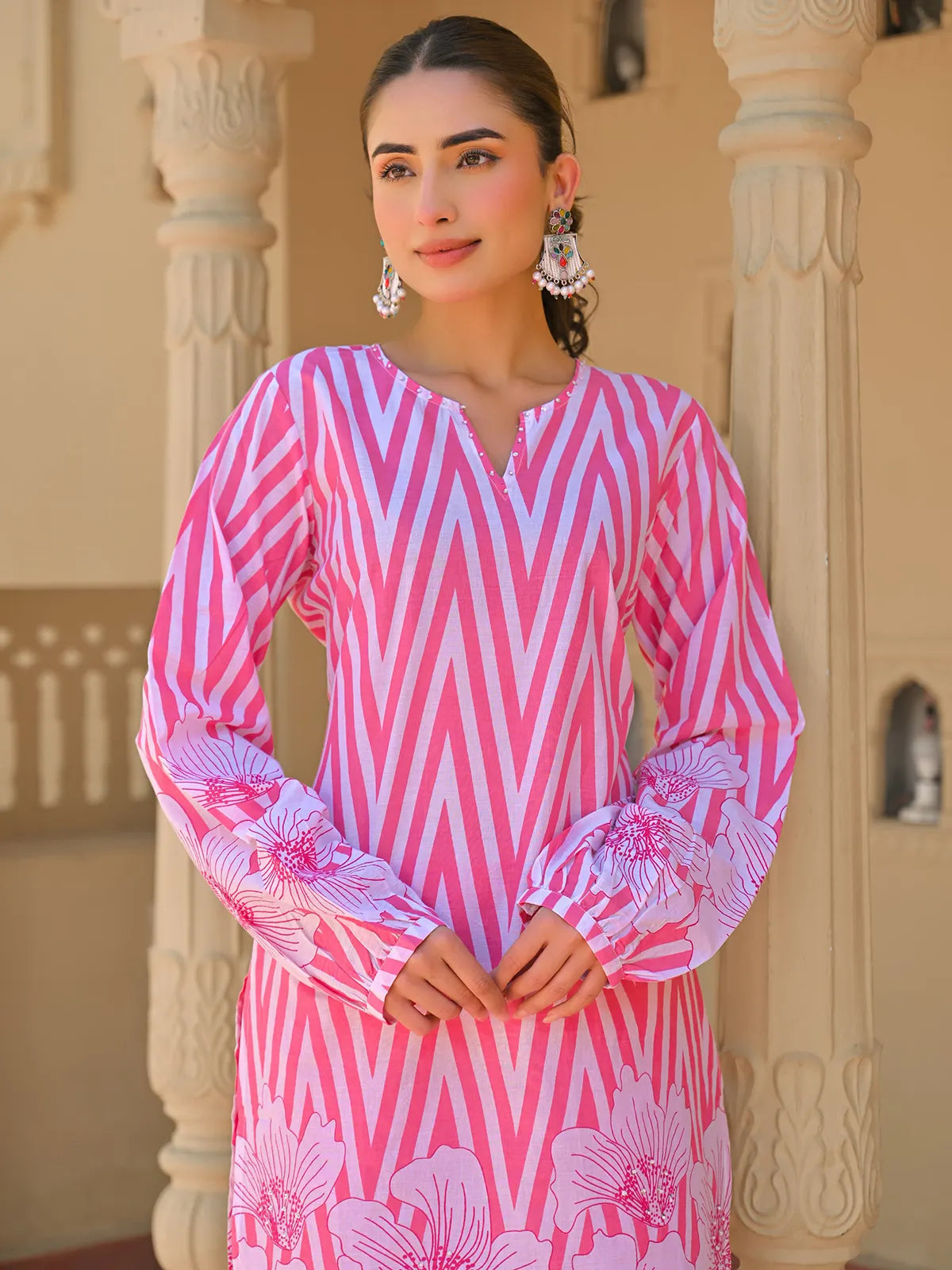 Abstract Floral Stripes Printed & Embroidered Straight Fit Kurta with Pant