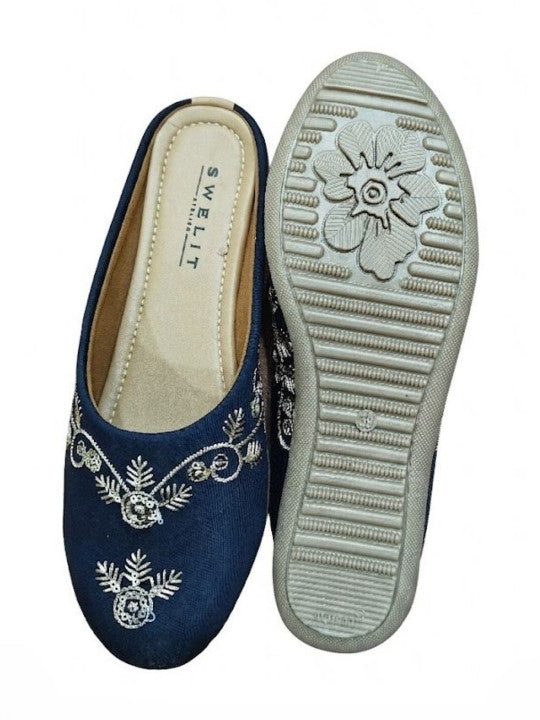 Traditional Navy Blue Embroidered Flat Mules for Women