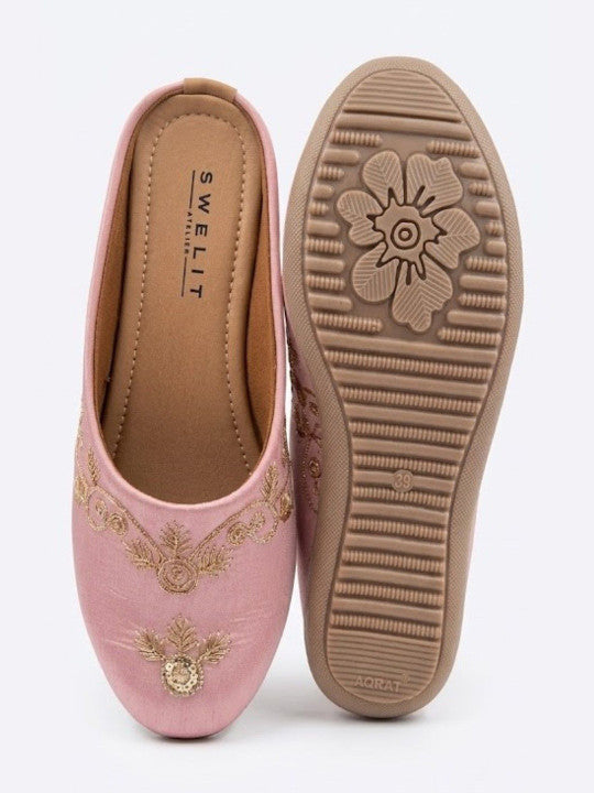 Traditional Pink Embroidered Flat Mules for Women