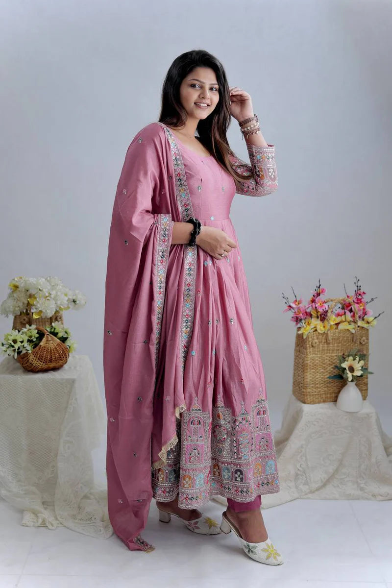 Rose Pink Embroidered Anarkali Suit Set with Dupatta