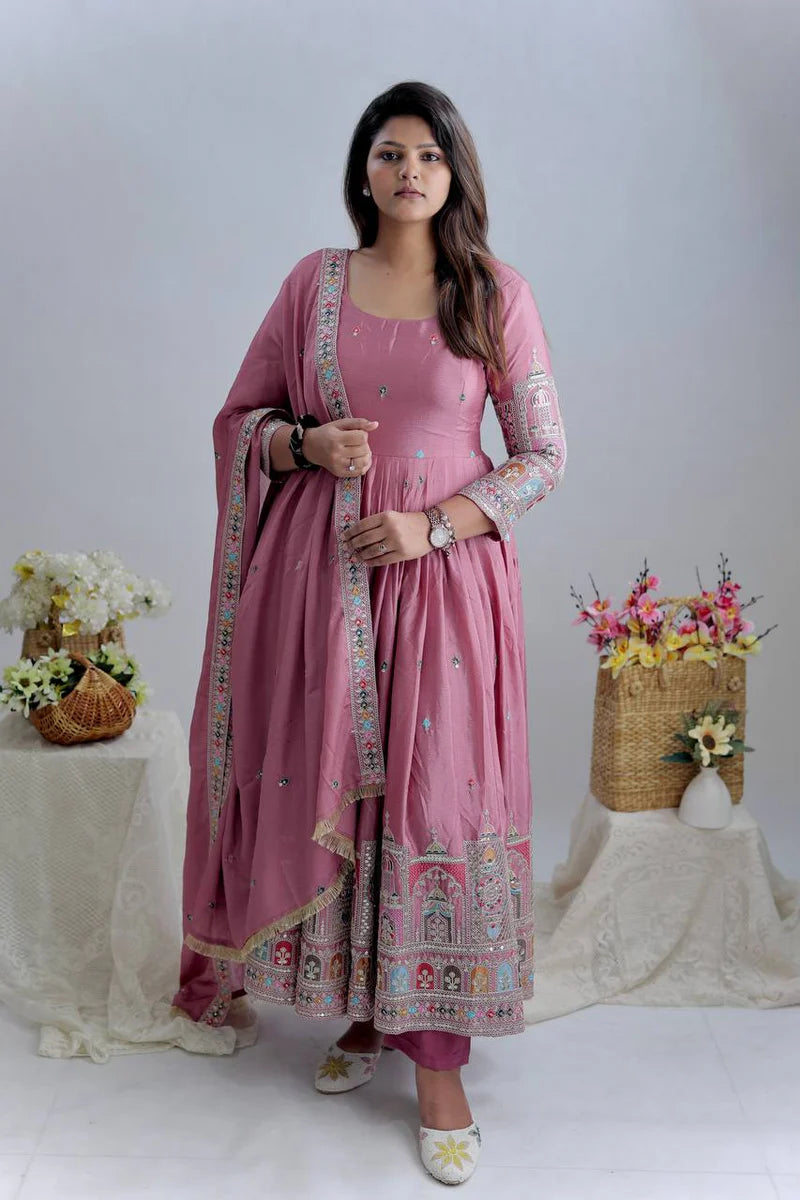 Rose Pink Embroidered Anarkali Suit Set with Dupatta