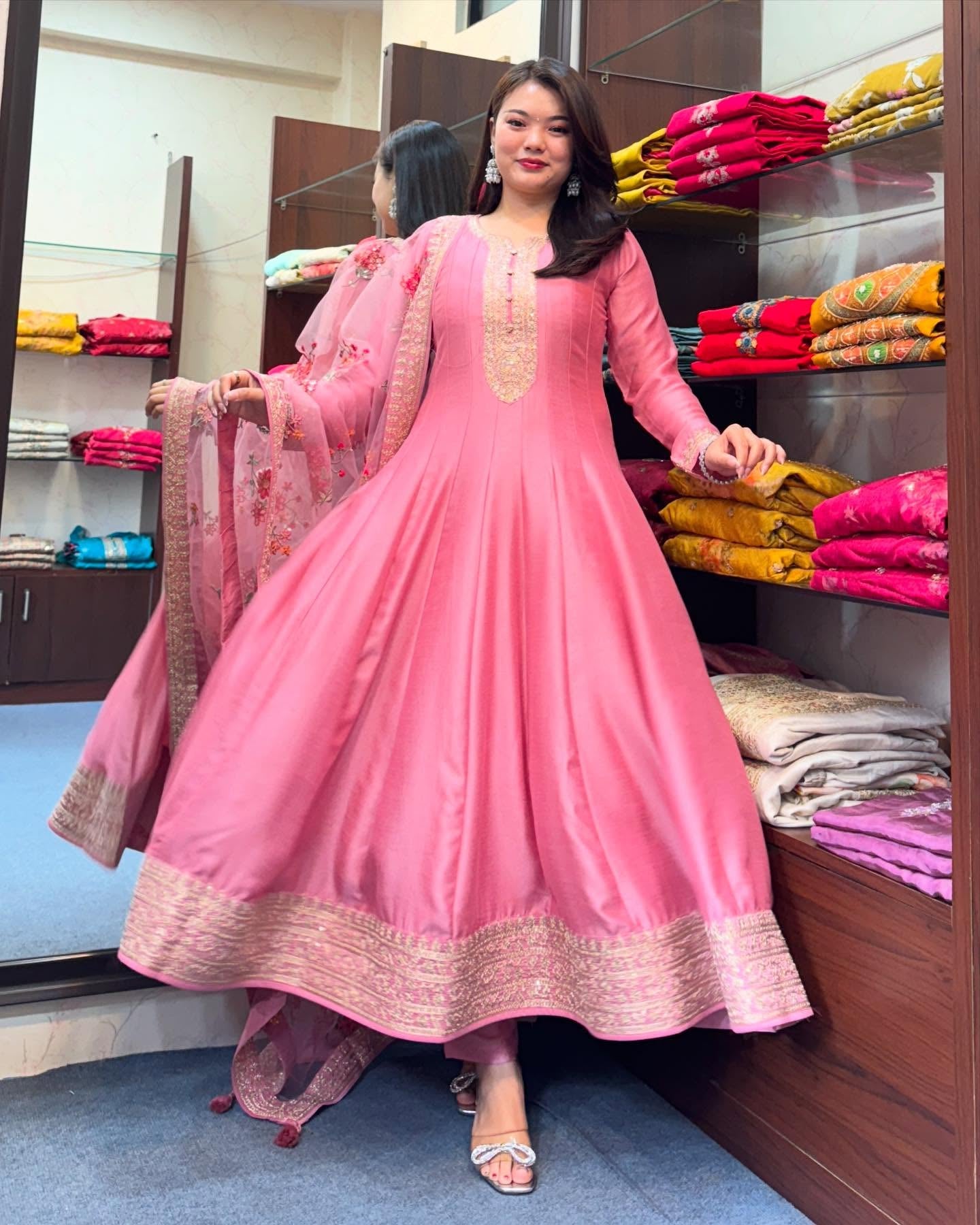 Pink Embroidered Anarkali Suit Set with Floral Net Dupatta